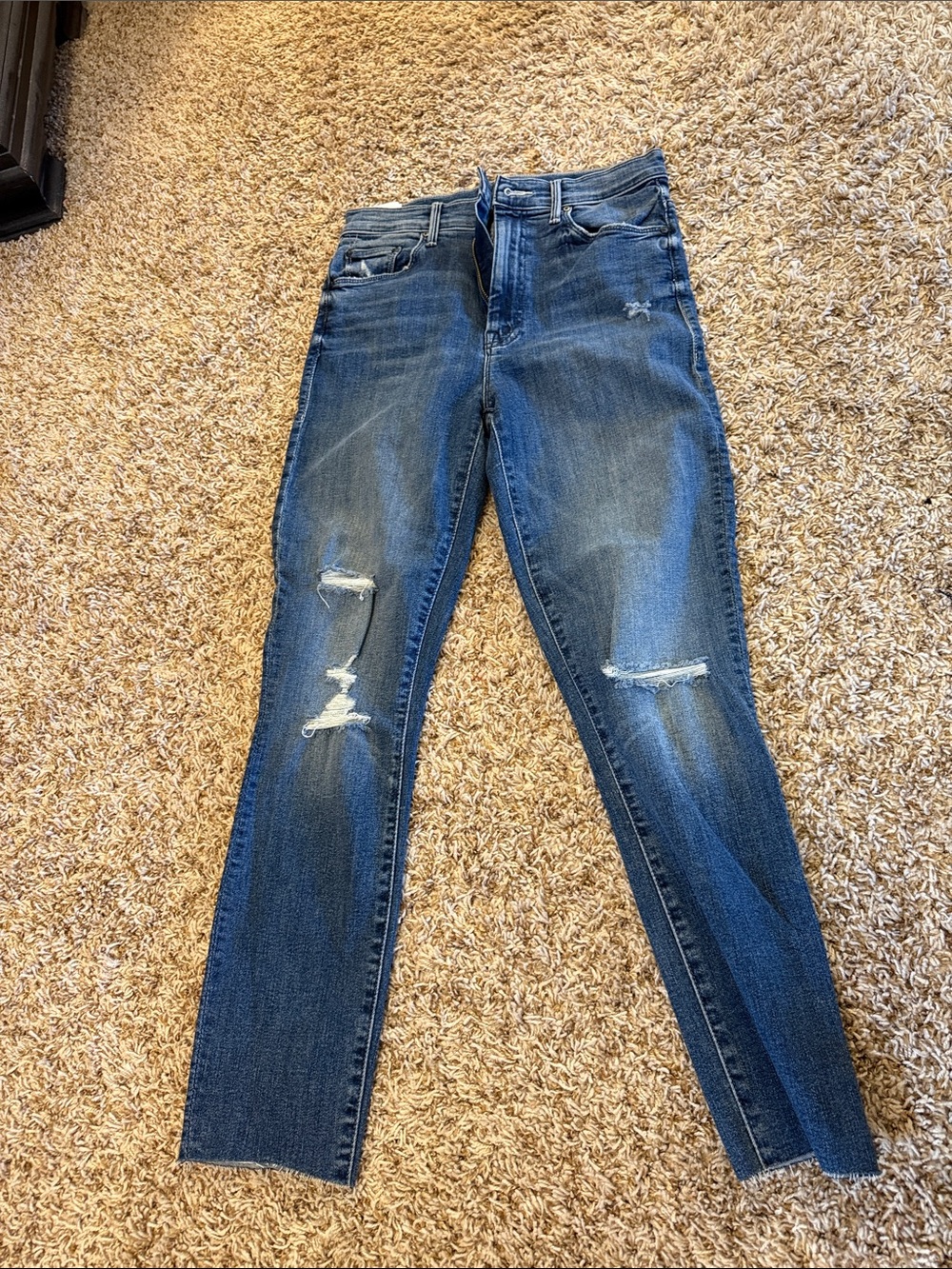 MOTHER Distressed Skinny Jeans in Medium Blue Wash